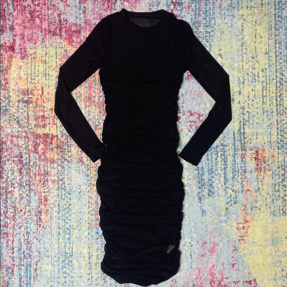 SHEIN sheer Black Long-Sleeve Ruched Midi Bodycon Dress